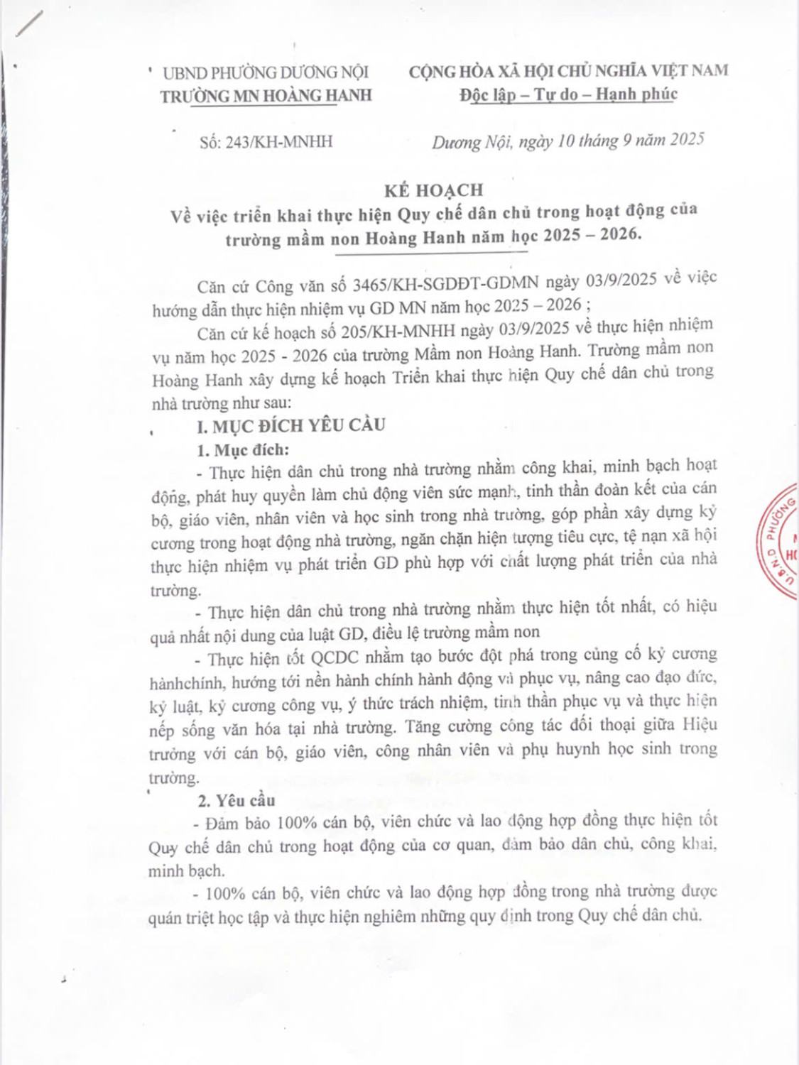 Kế hoạch về việc triển khai thực hiện Quy chế dân chủ năm học 2025-2026