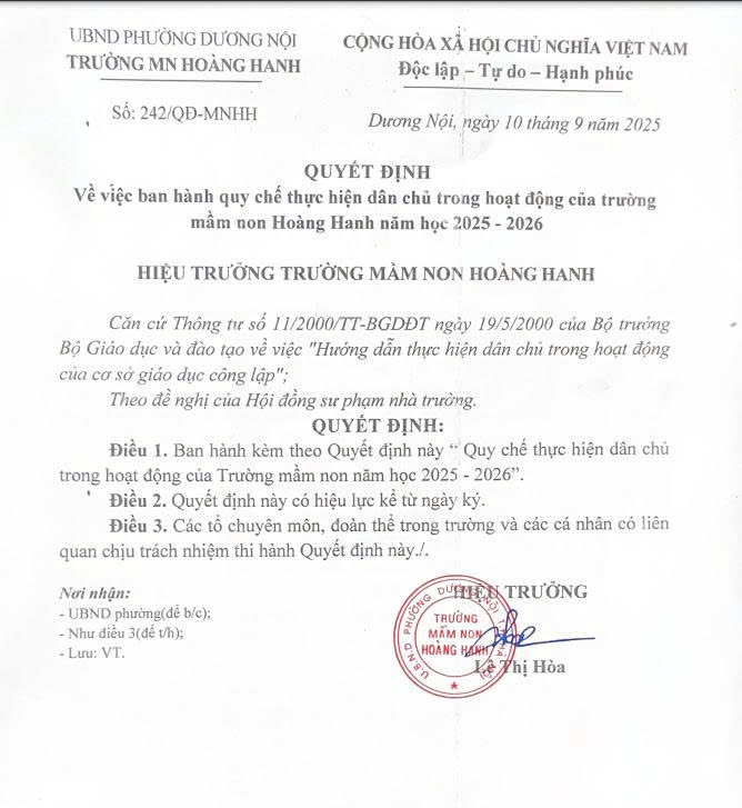 Quyết định ban hành quy chế thực hiện dân chủ năm học 2025-2026