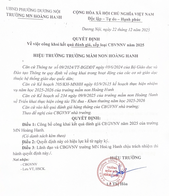 Công khai kết quả đánh giá, xếp loại CBGVNV năm 2025